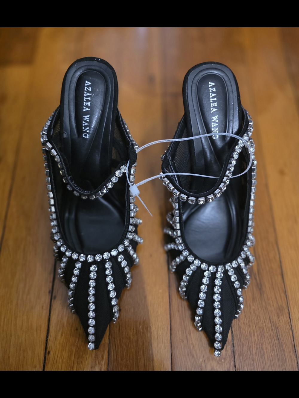 Azalea Wang Black Crystal-Trim Pointed Mule Heels